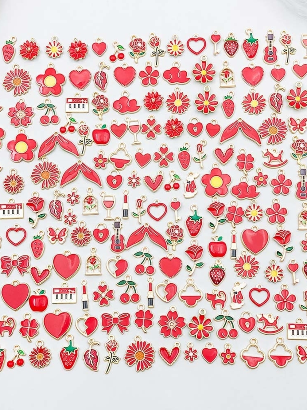 Red & Gold Enamel Charm Mix - Floral, Hearts & Fruit